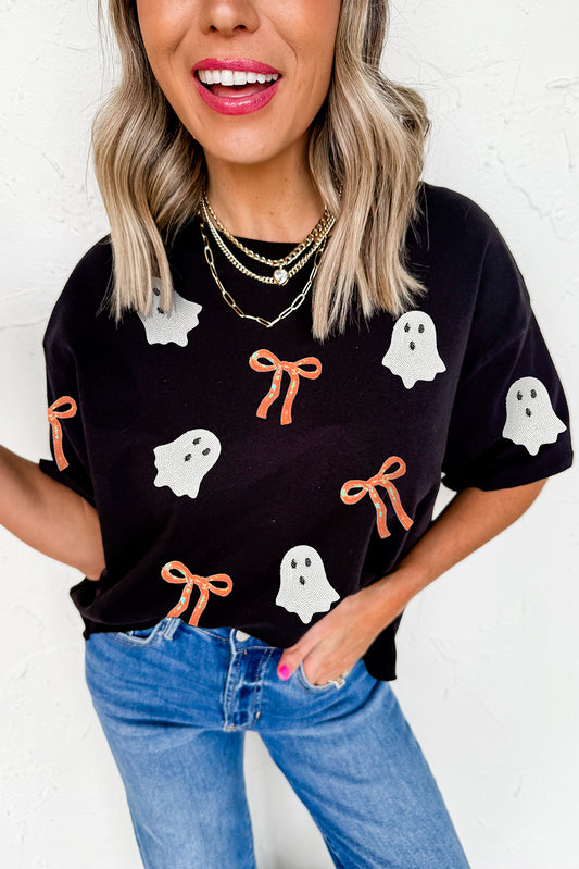 Black Sequin Bow & Ghost Halloween  Tee pre-order