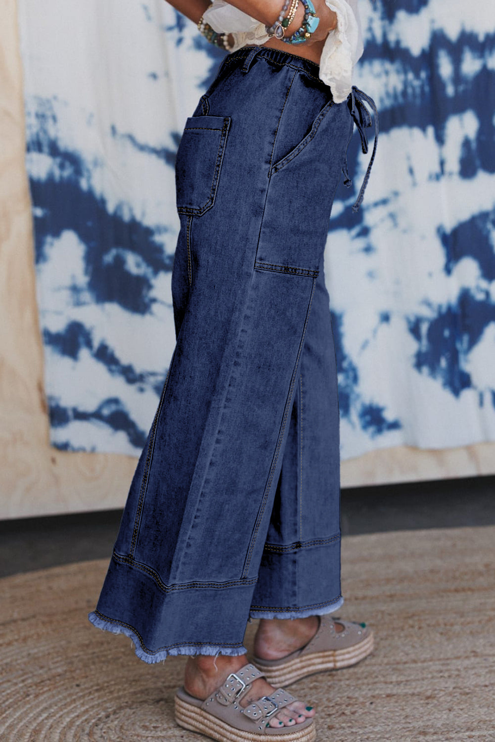 Blue Drawstring Wide Leg Denim Pants