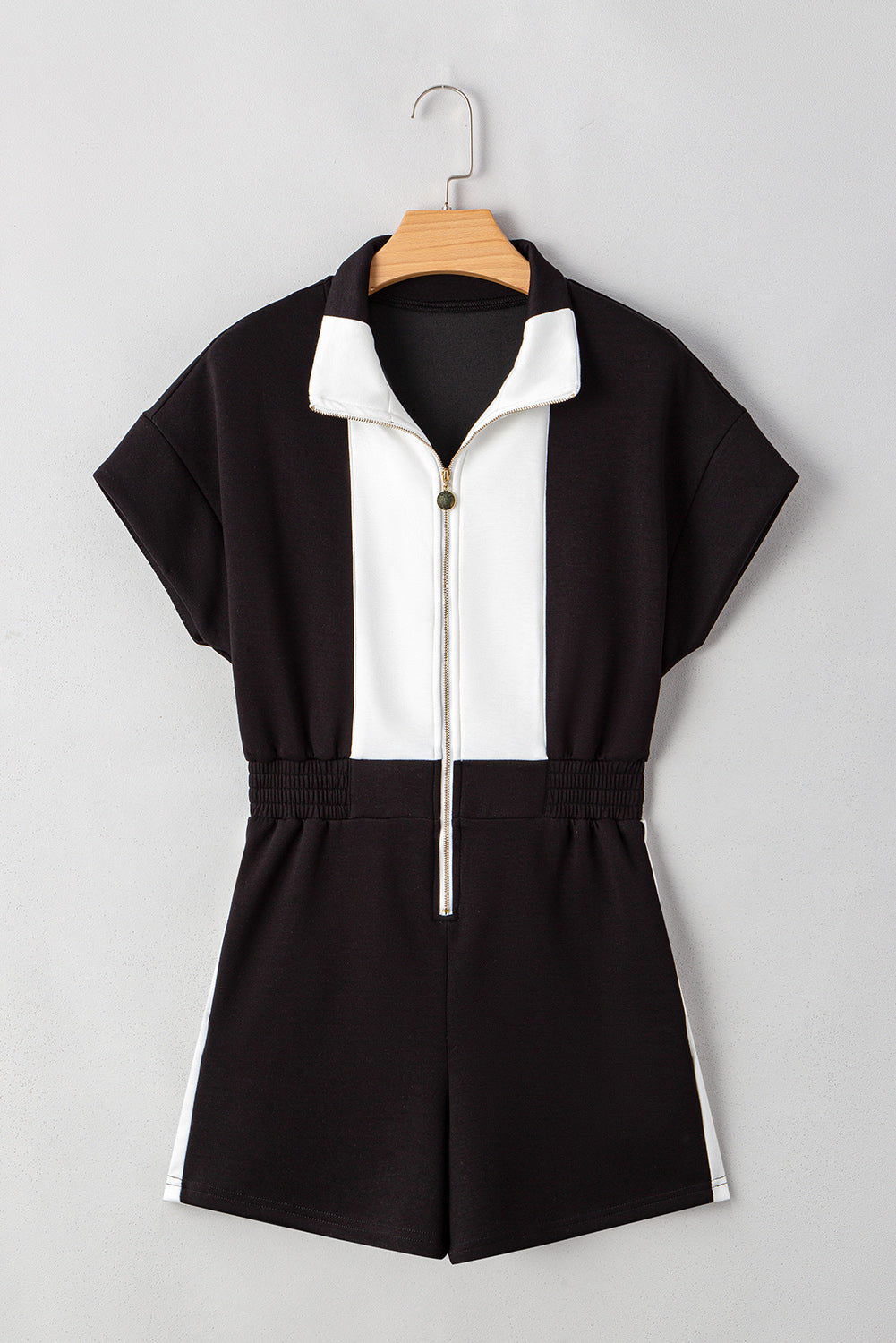 Black Collar Zip Front Romper