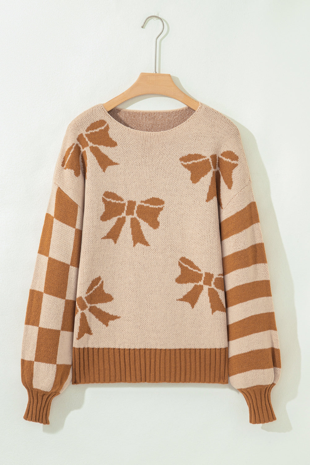 Bow Print Checkered Sleeve Sweater