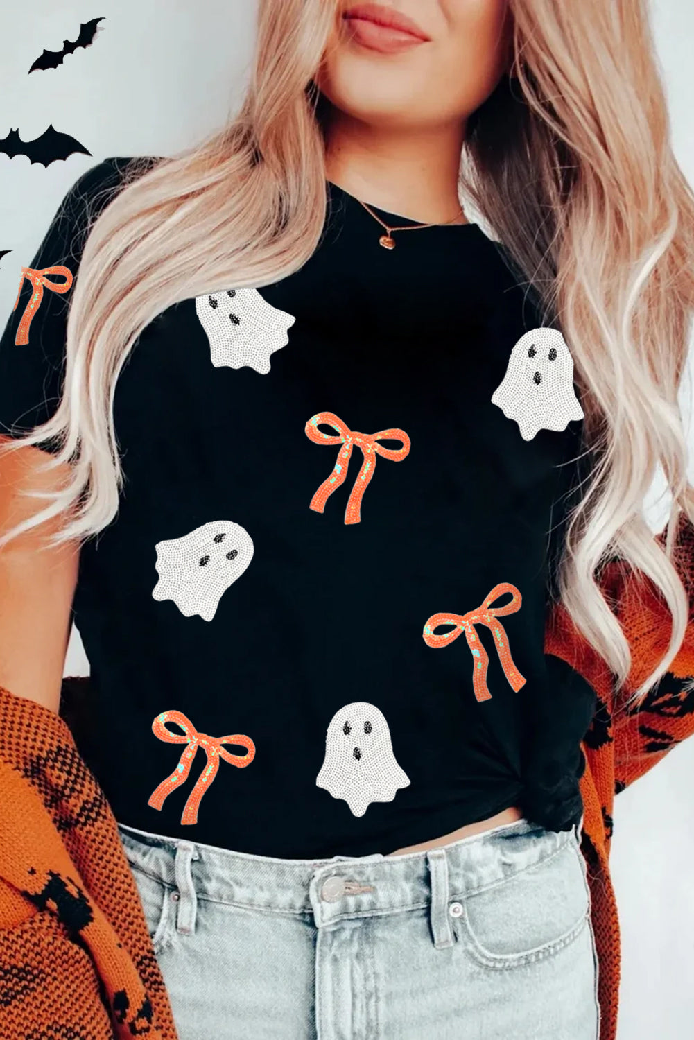 Black Sequin Bow & Ghost Halloween  Tee pre-order