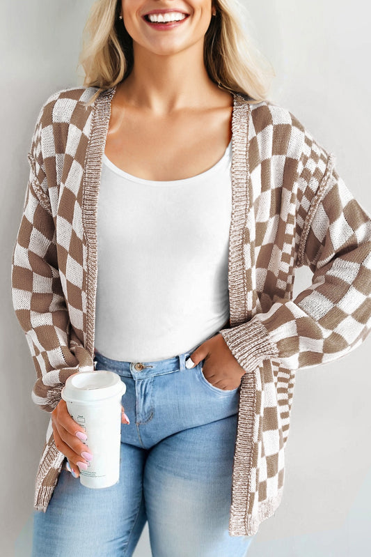 Brown Checkered Bubble Sleeve Open Cardigan