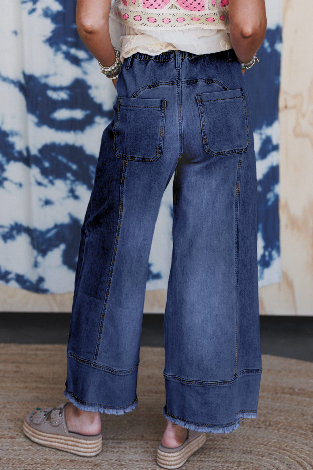 Blue Drawstring Wide Leg Denim Pants