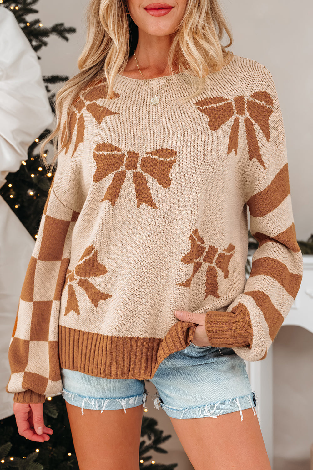 Bow Print Checkered Sleeve Sweater