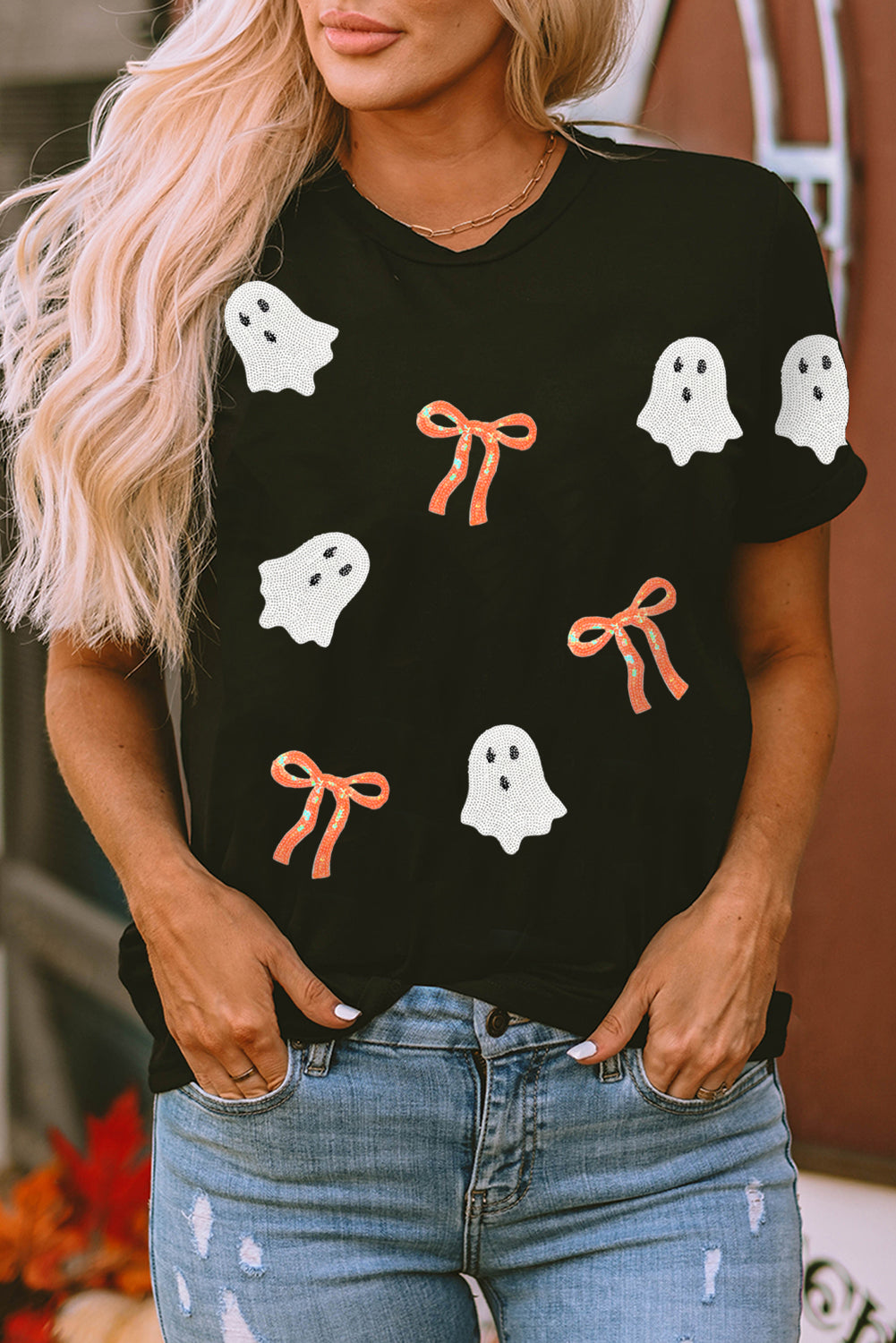 Black Sequin Bow & Ghost Halloween  Tee pre-order