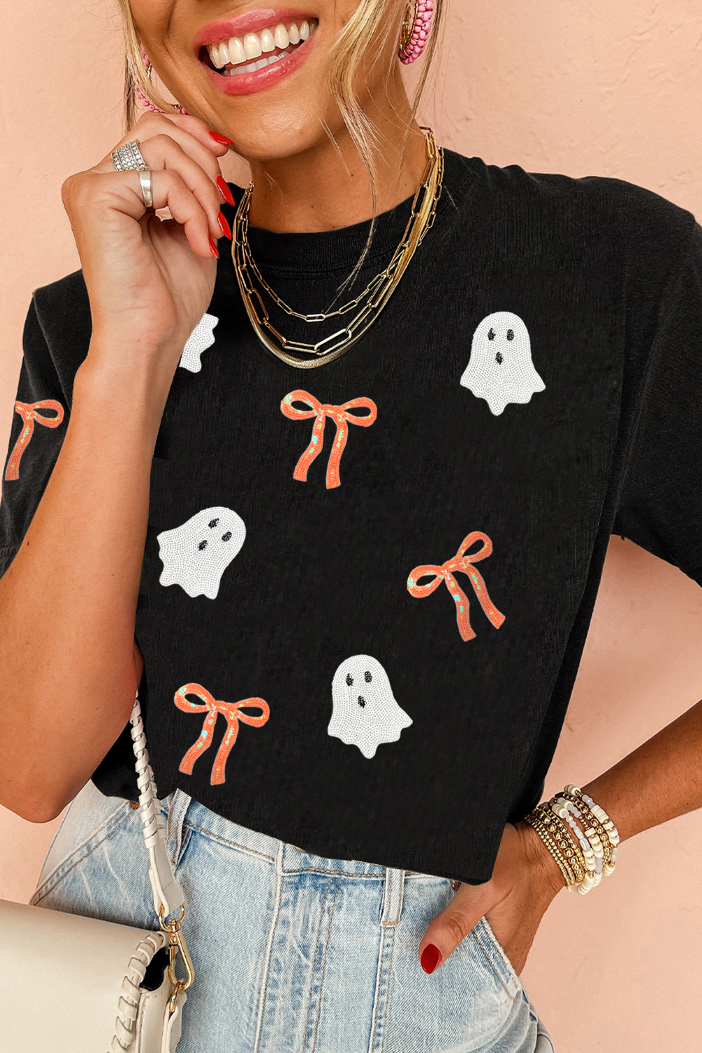Black Sequin Bow & Ghost Halloween  Tee pre-order