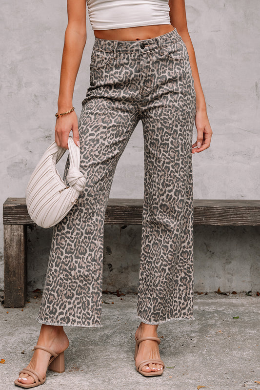 Brown Leopard Frayed bottom Jeans