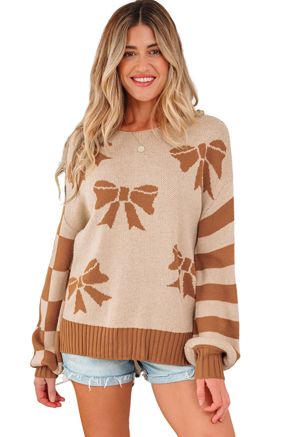 Bow Print Checkered Sleeve Sweater
