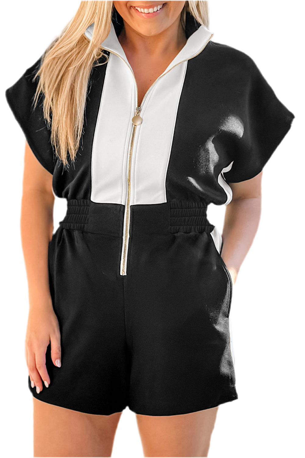 Black Collar Zip Front Romper
