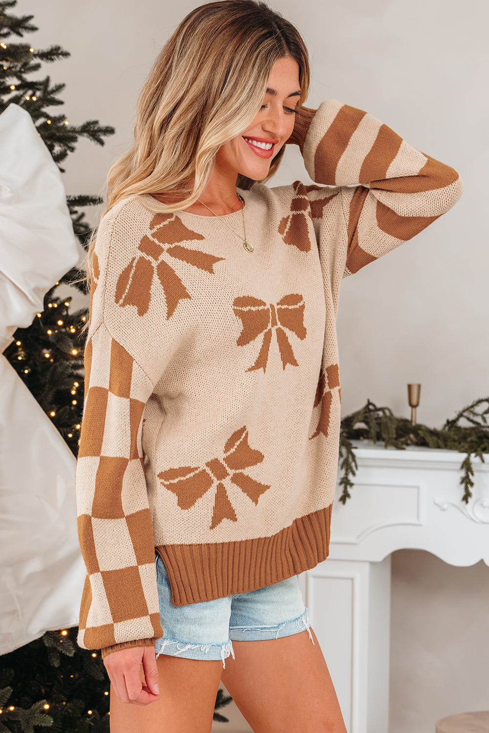 Bow Print Checkered Sleeve Sweater