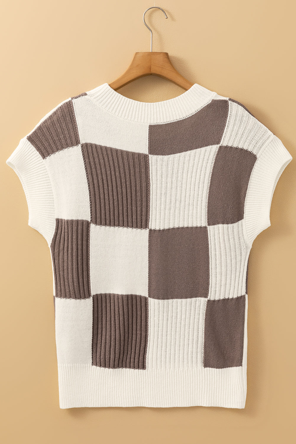 Khaki Checkered Short Sleeve Sweater