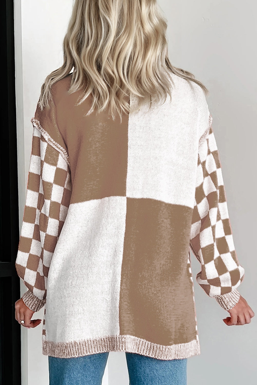 Brown Checkered Bubble Sleeve Open Cardigan