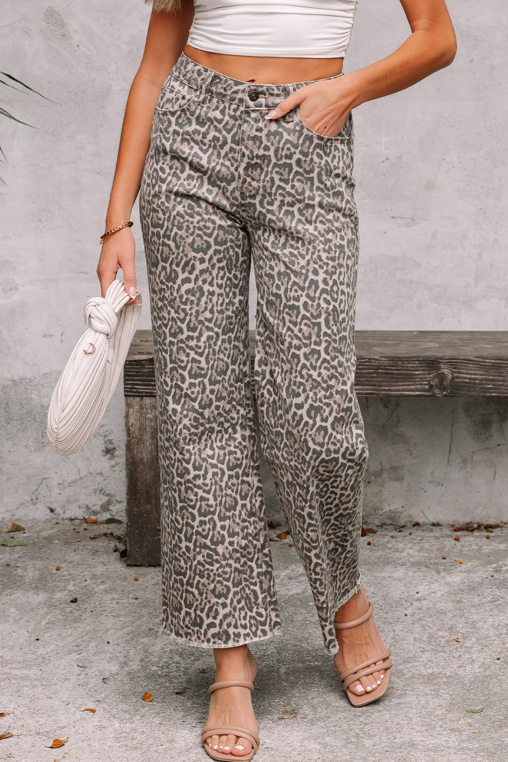 Brown Leopard Frayed bottom Jeans