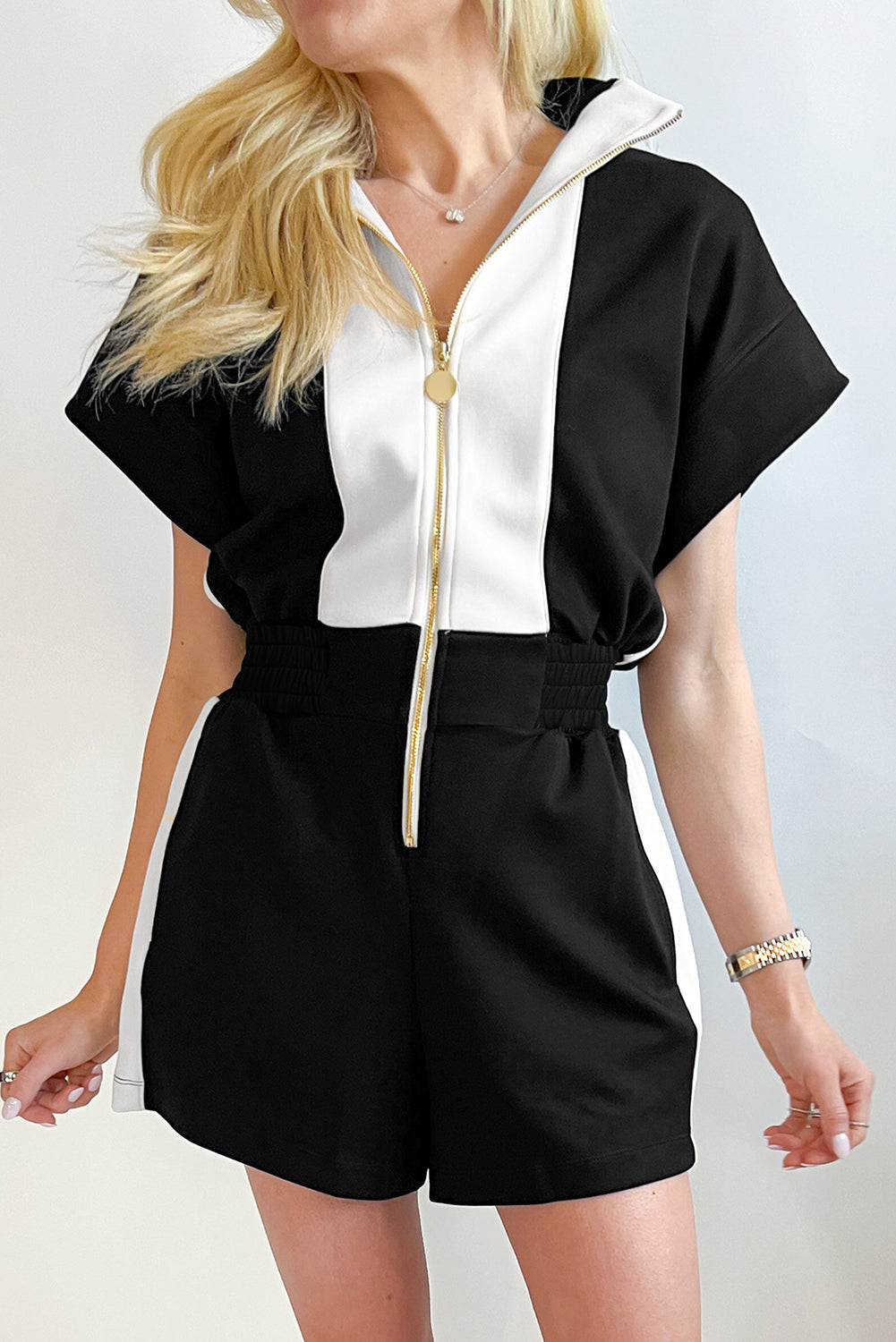 Black Collar Zip Front Romper