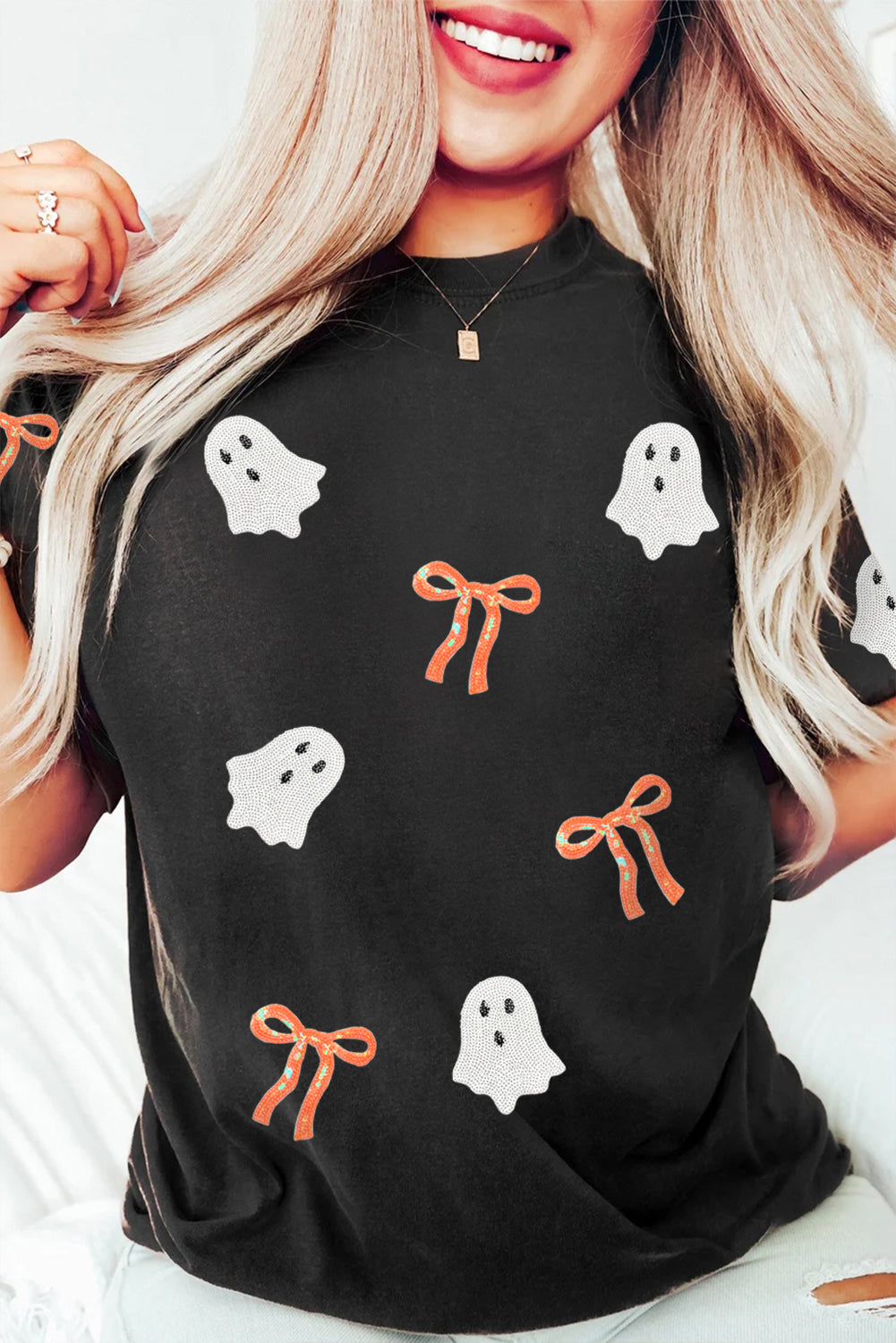 Black Sequin Bow & Ghost Halloween  Tee pre-order