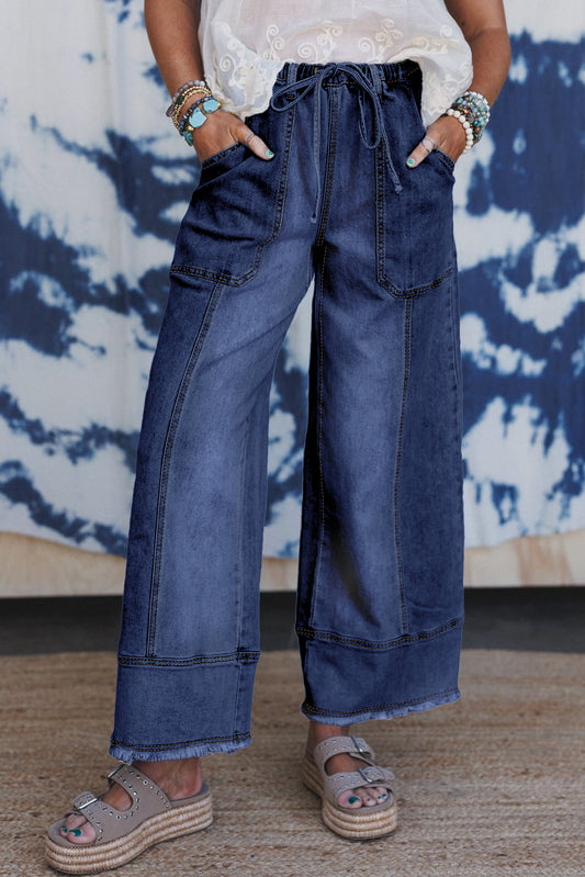 Blue Drawstring Wide Leg Denim Pants