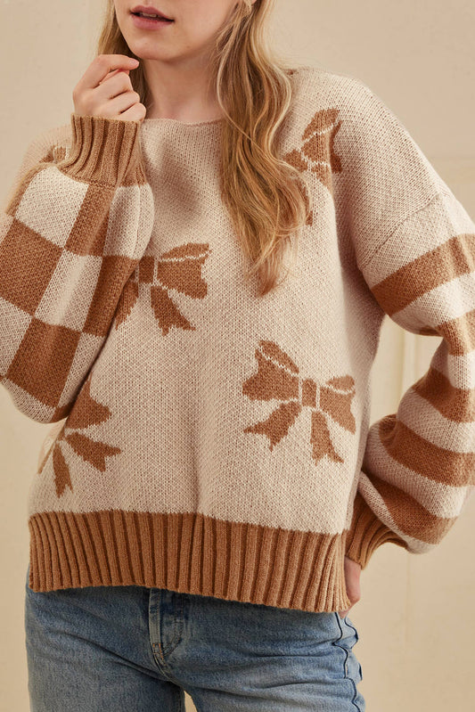 Bow Print Checkered Sleeve Sweater