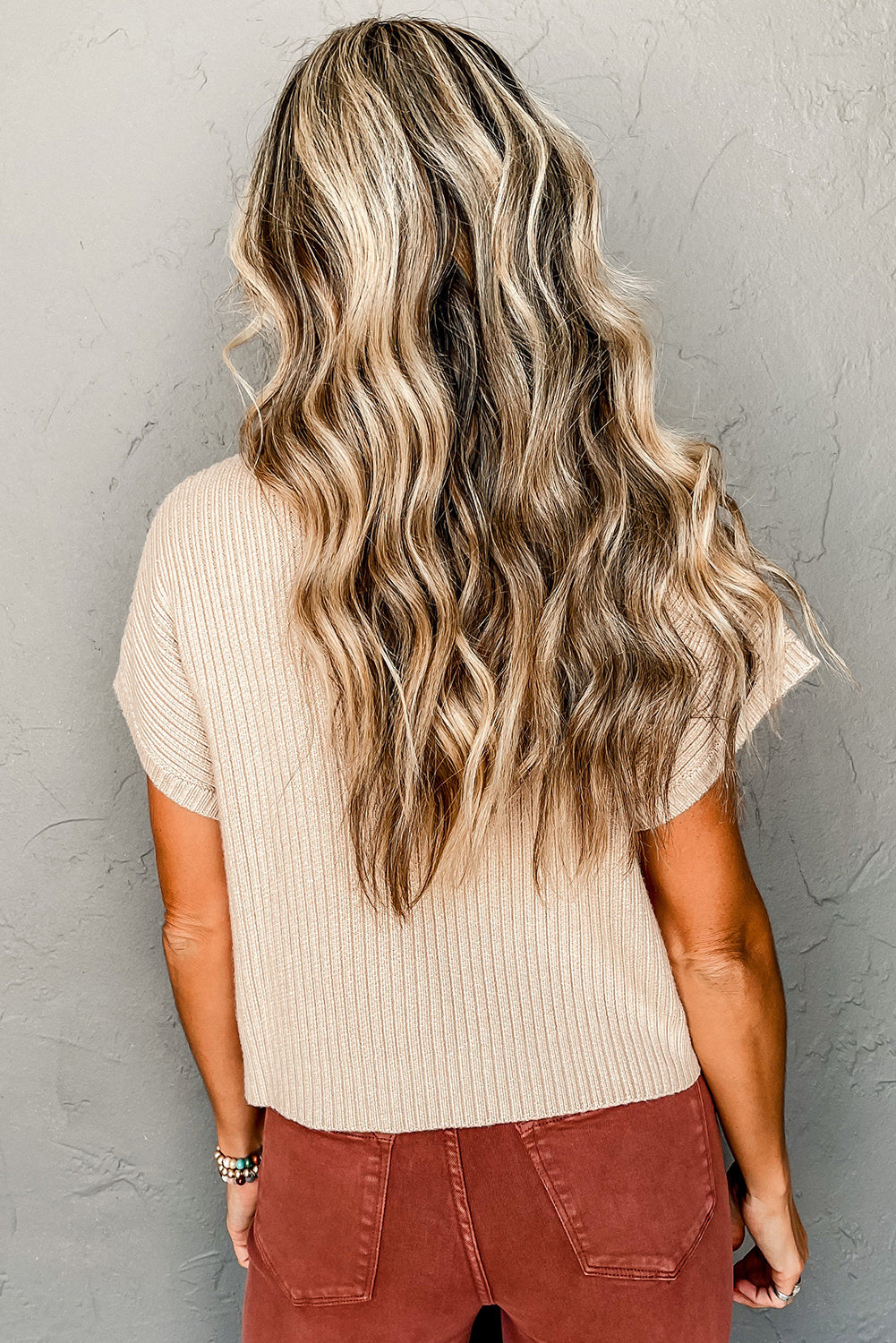 Oatmeal Ribbed Knit Short Sleeve Sweater