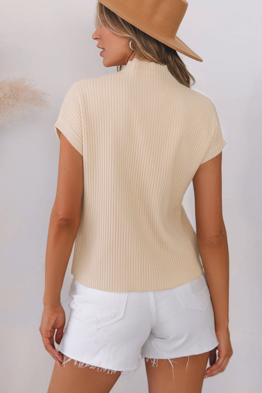 Oatmeal Ribbed Knit Short Sleeve Sweater