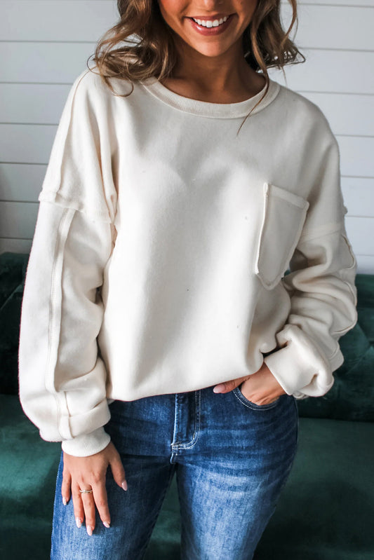 White Exposed Seam Pocket Knit Pullover Sweatshirt