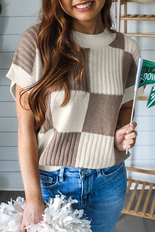 Khaki Checkered Short Sleeve Sweater