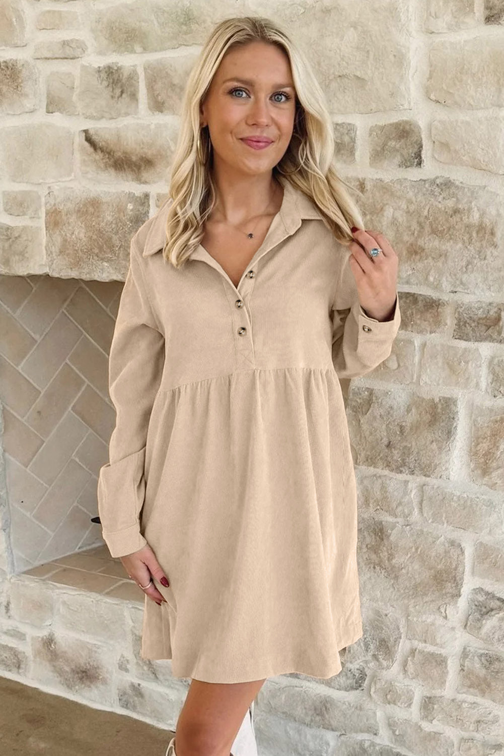 Oatmeal Corduroy Long Sleeve Dress