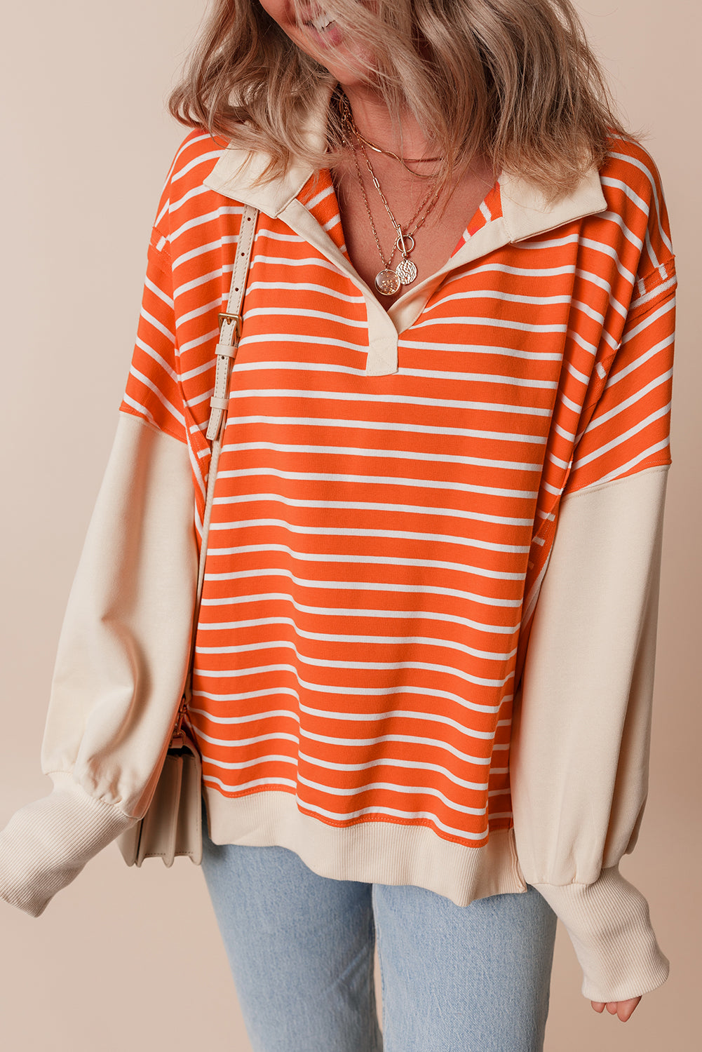Orange Stripe Loose Fit Collared Sweatshirt