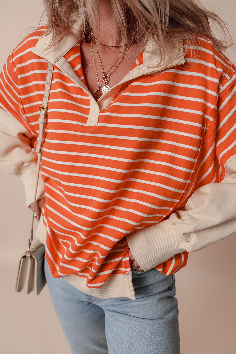 Orange Stripe Loose Fit Collared Sweatshirt