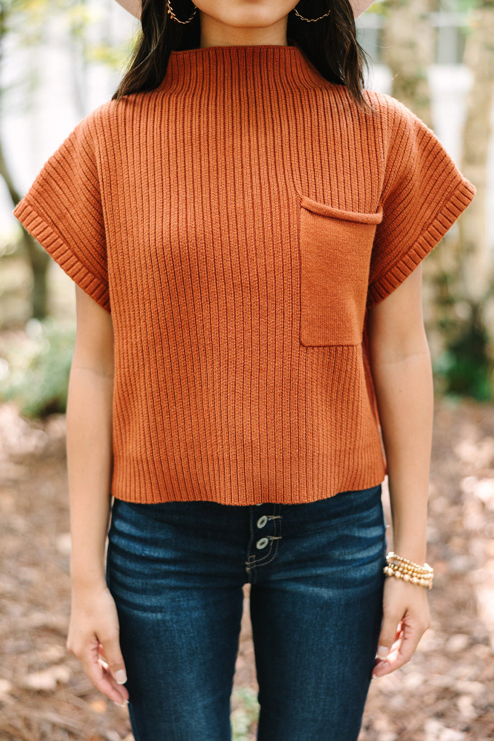 Gold Flame Ribbed Knit Short Sleeve Sweater