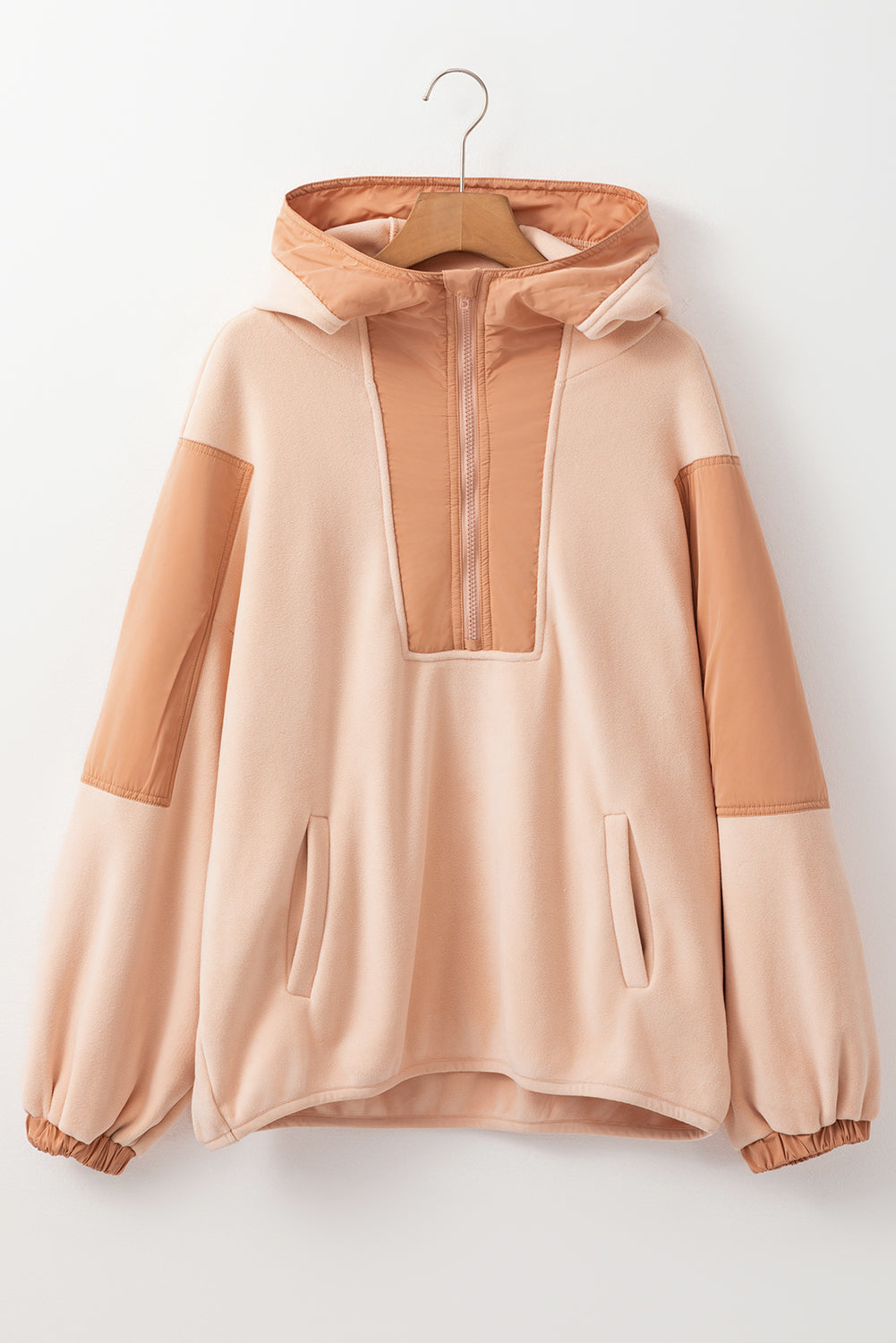 Light Beige Patchwork Half Zip Oversized Sherpa Hoodie