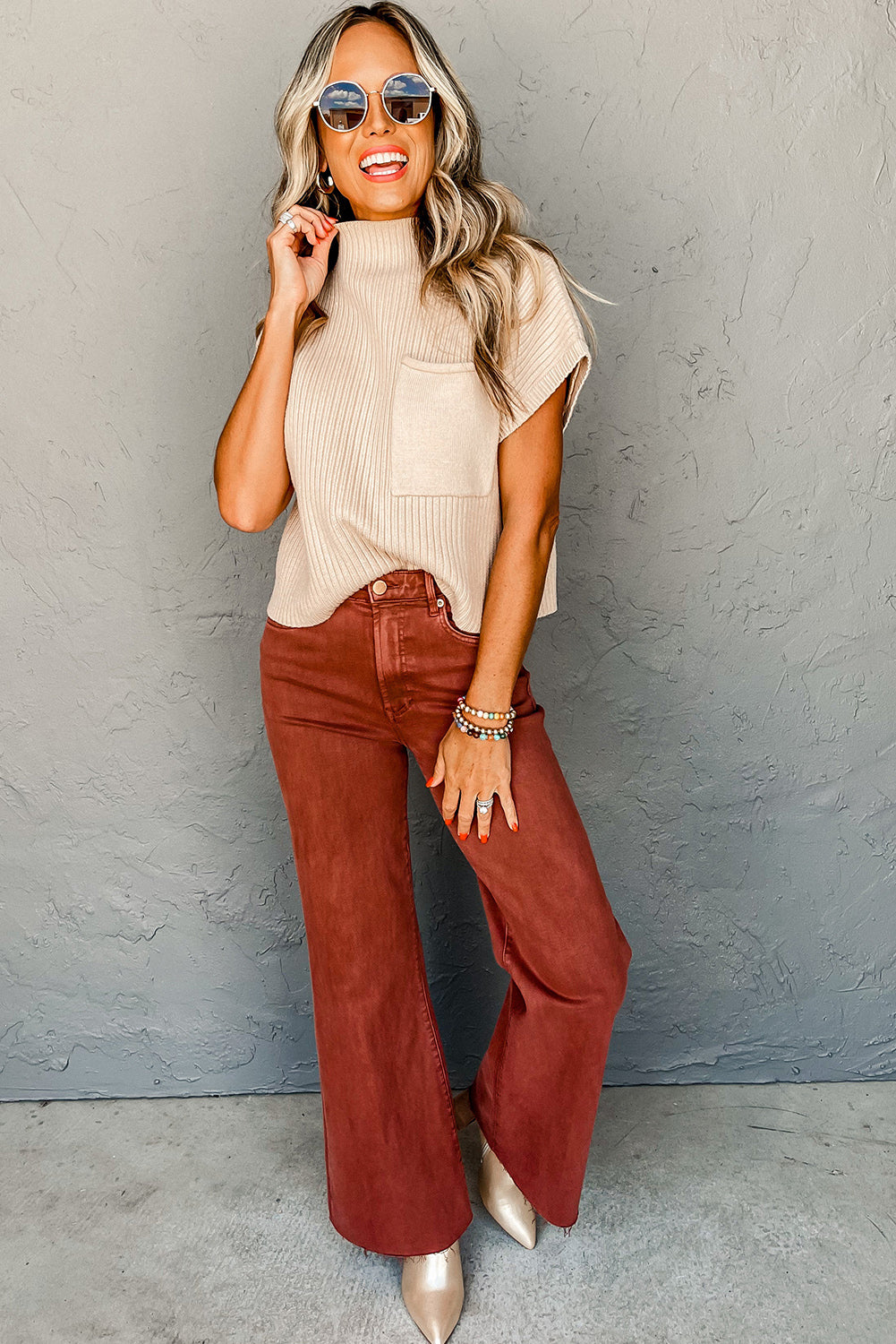 Oatmeal Ribbed Knit Short Sleeve Sweater