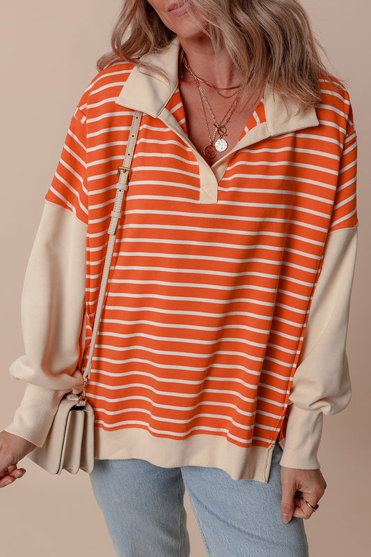Orange Stripe Loose Fit Collared Sweatshirt