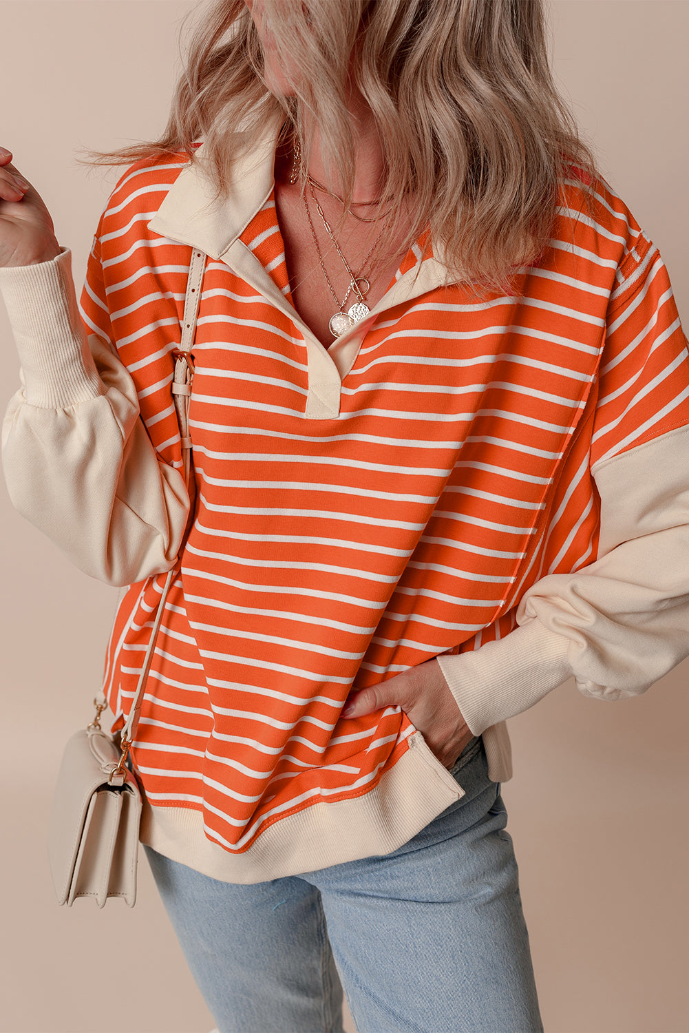 Orange Stripe Loose Fit Collared Sweatshirt