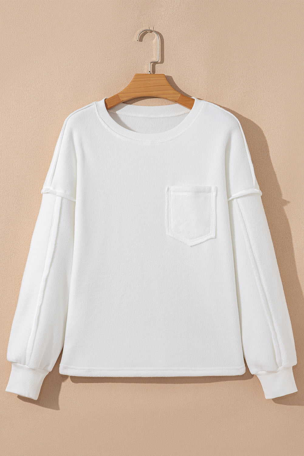 White Exposed Seam Pocket Knit Pullover Sweatshirt