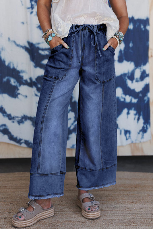 Blue Drawstring Wide Leg Denim Pants