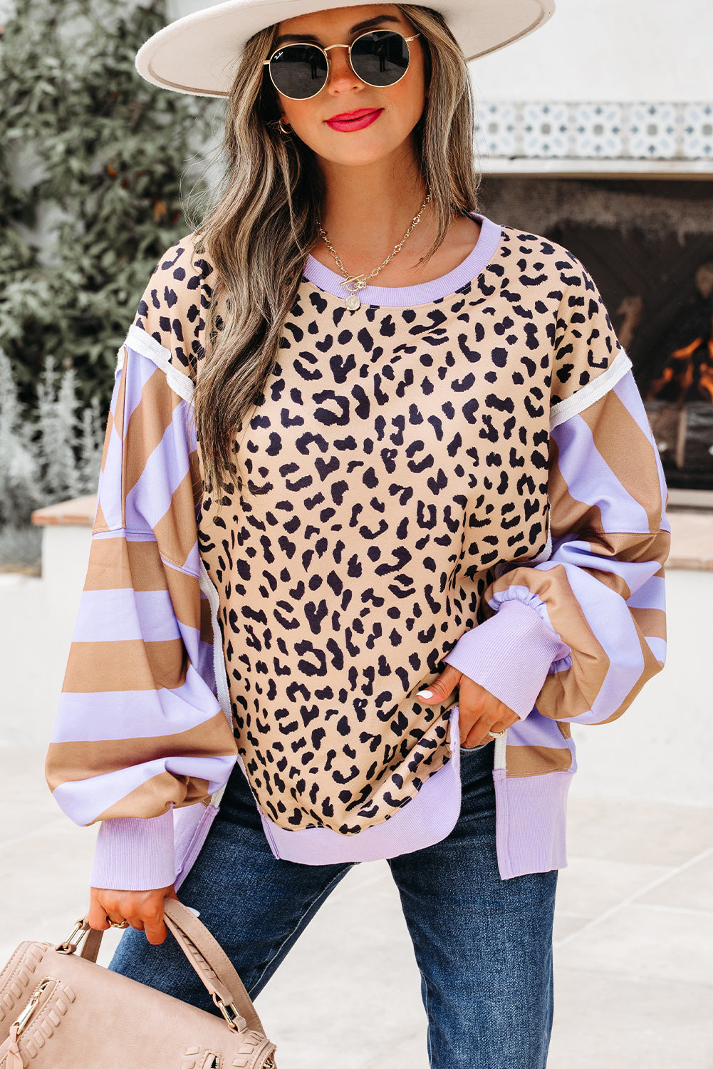 Purple Stripe Color Block Leopard Casual Sweatshirt with Slits