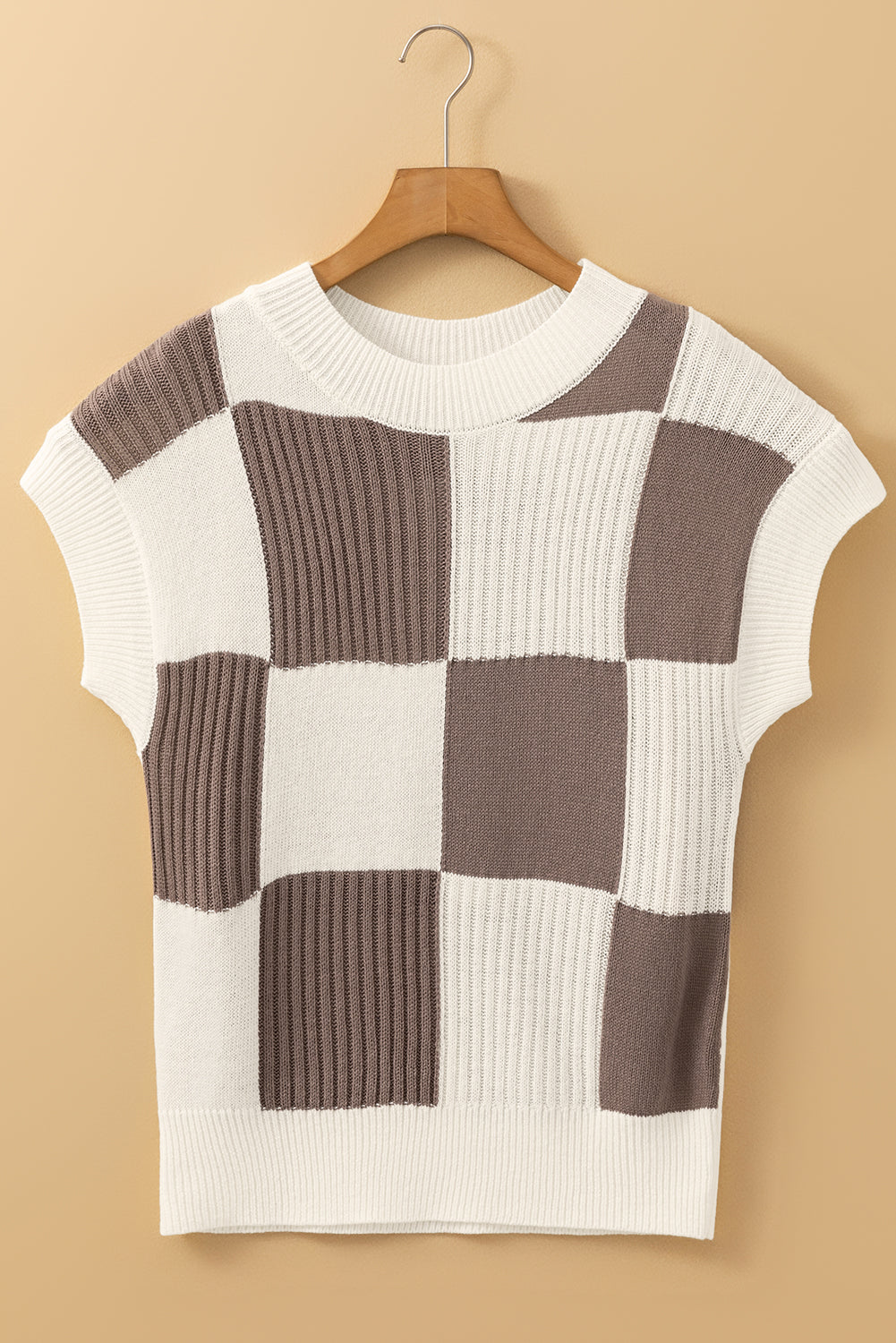 Khaki Checkered Short Sleeve Sweater