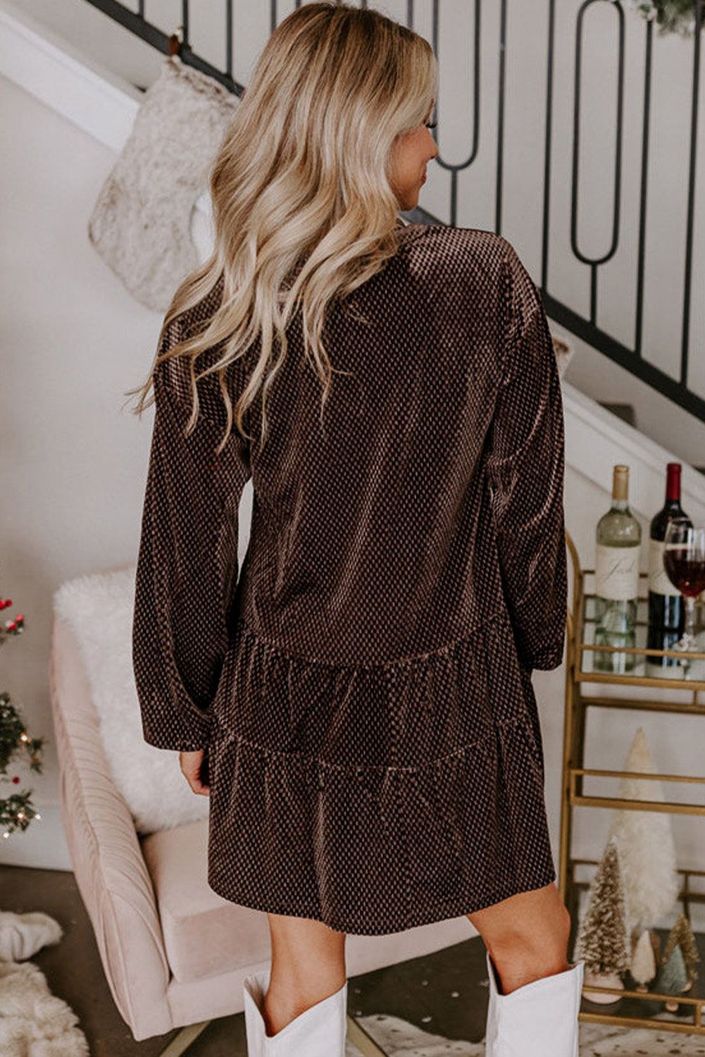 Dark Brown Velvet V Neck Dress
