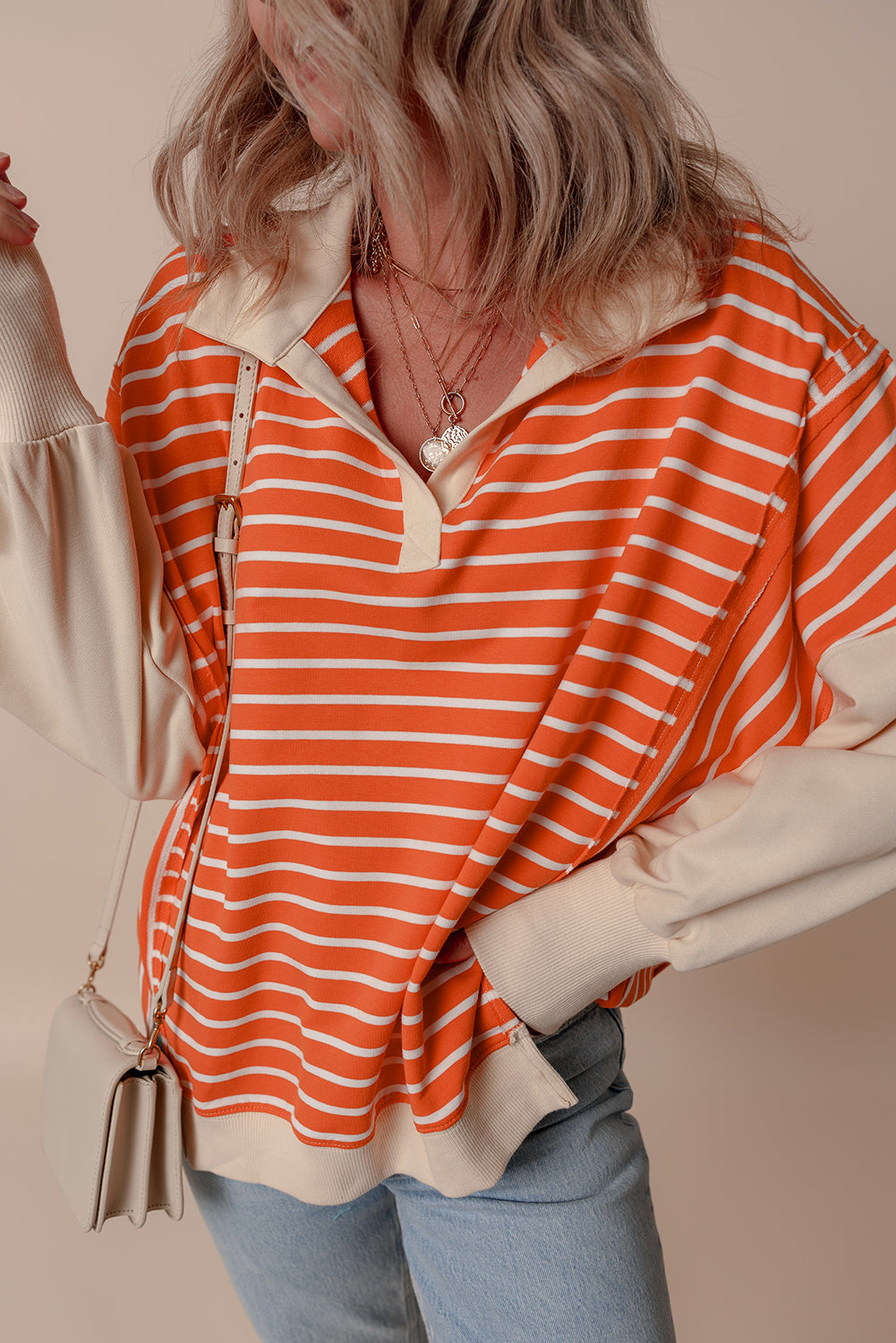 Orange Stripe Loose Fit Collared Sweatshirt