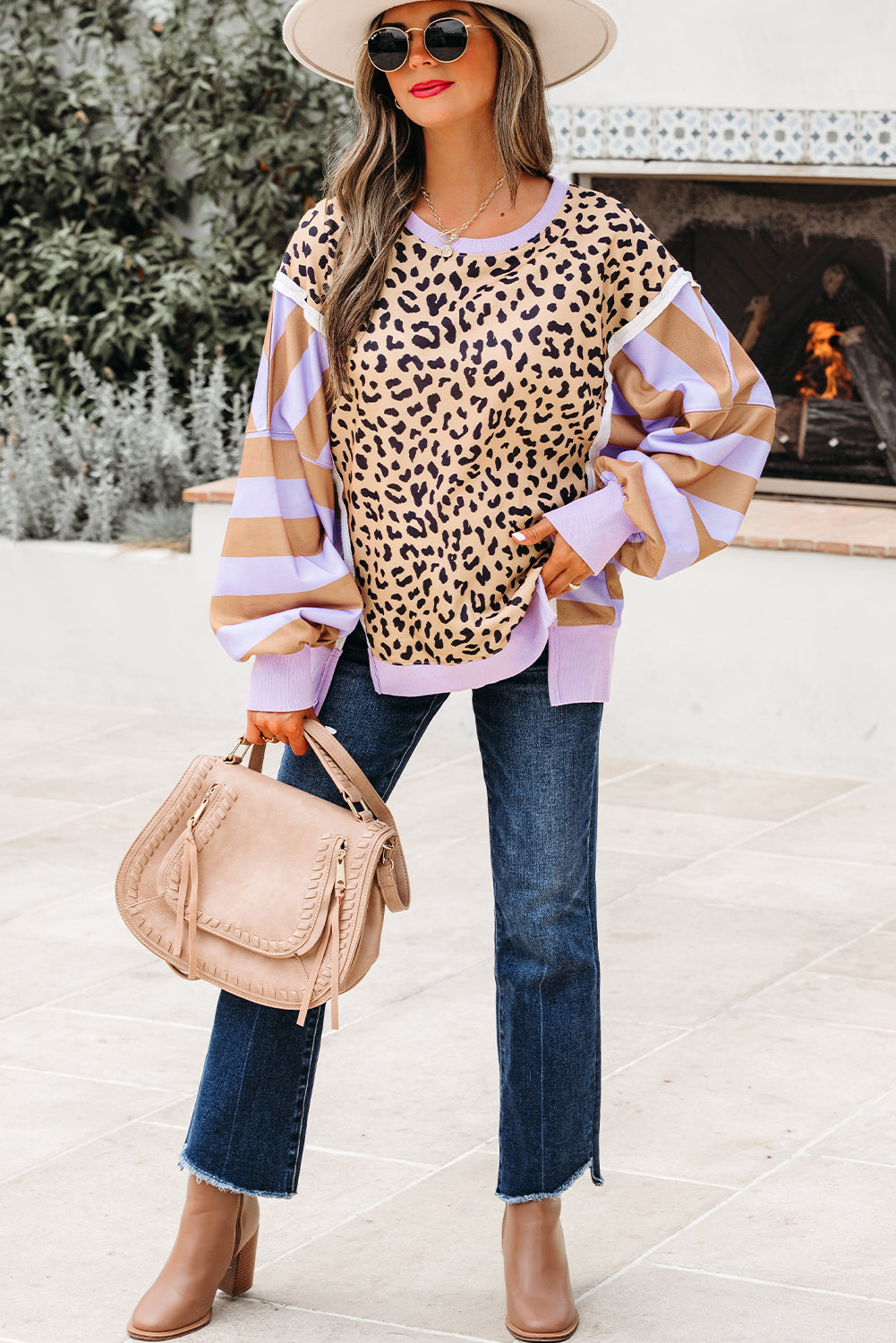 Purple Stripe Color Block Leopard Casual Sweatshirt with Slits