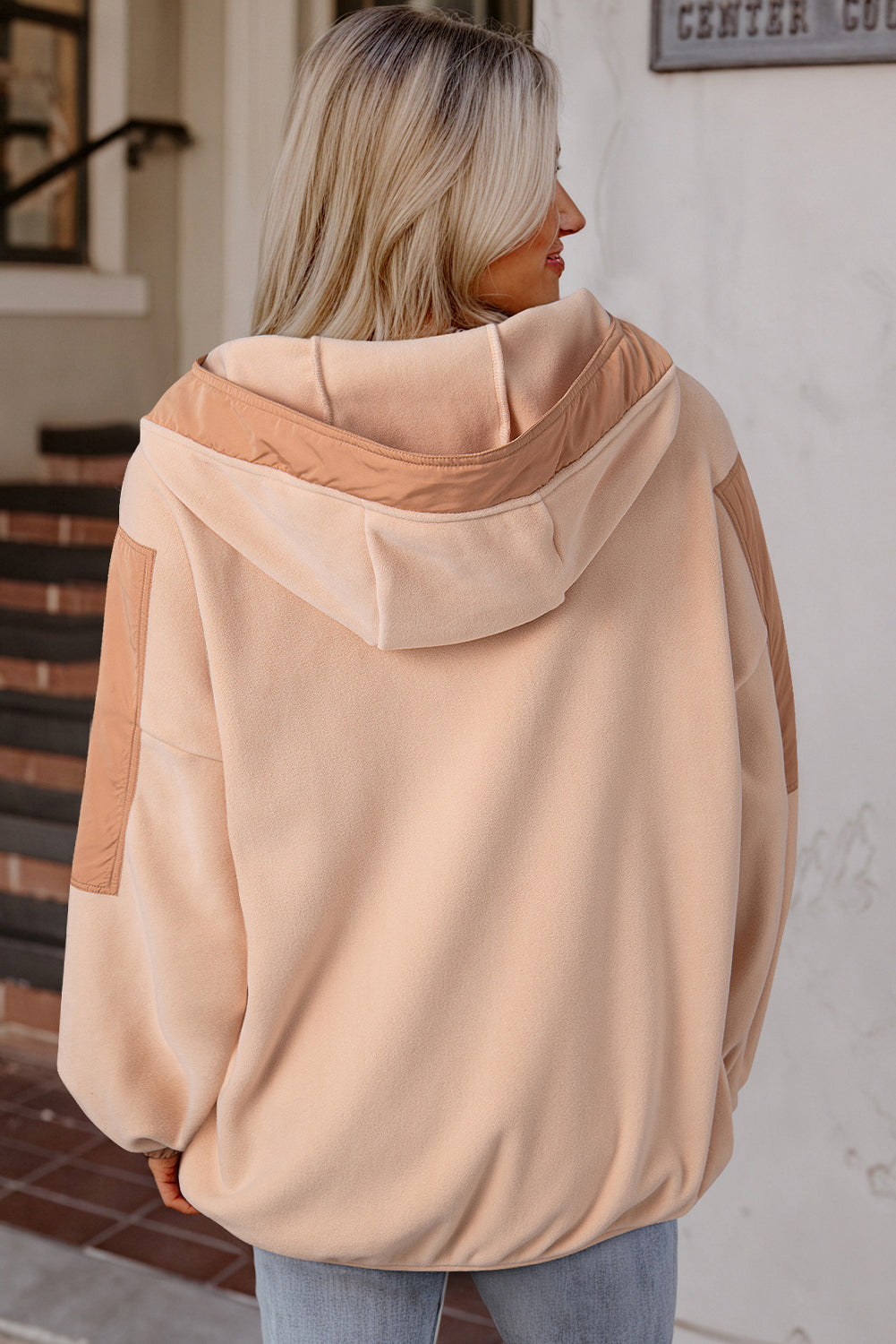 Light Beige Patchwork Half Zip Oversized Sherpa Hoodie