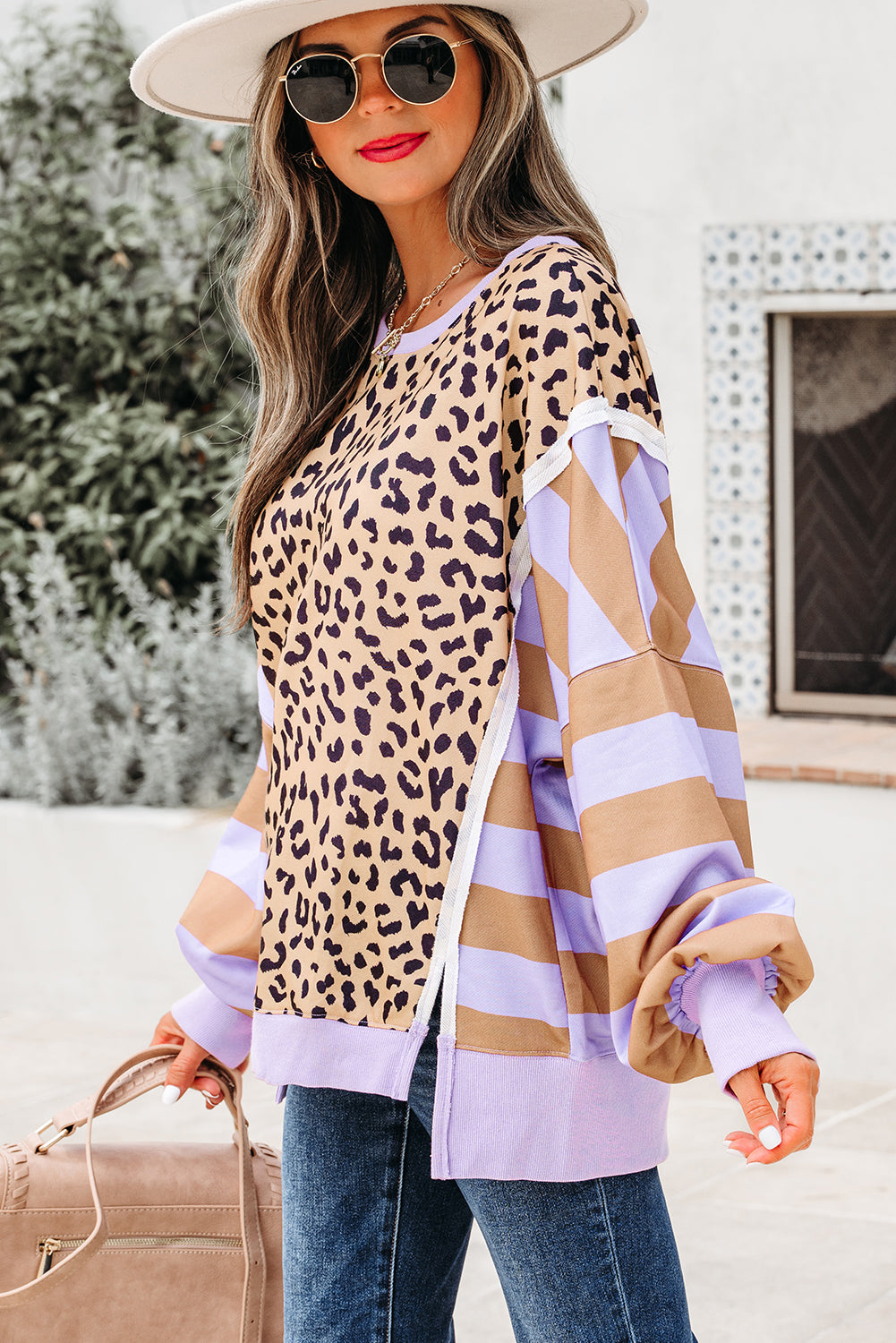 Purple Stripe Color Block Leopard Casual Sweatshirt with Slits