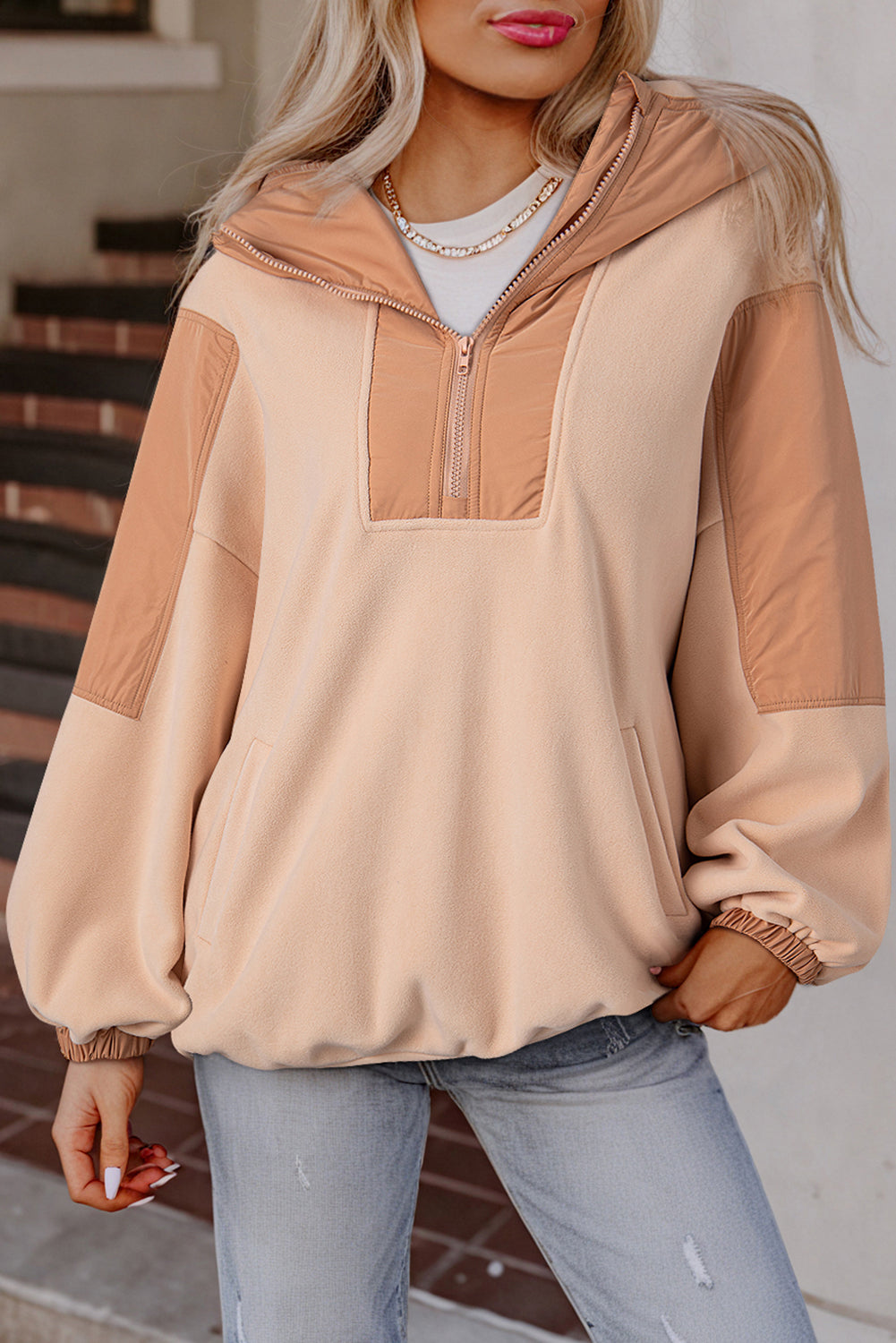 Light Beige Patchwork Half Zip Oversized Sherpa Hoodie