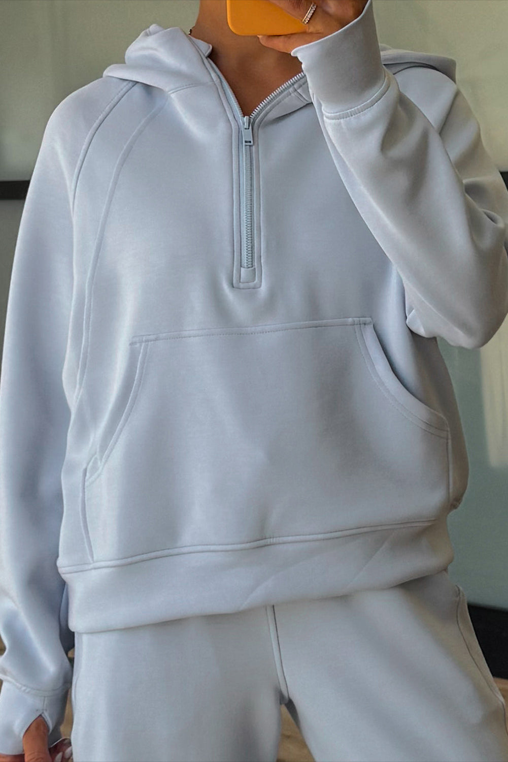 Half Zip Thumbhole Sleeve Hoodie  Pants 2pcs Outfit